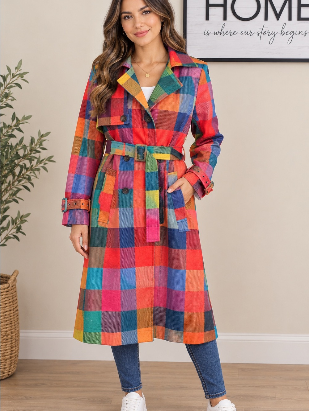 Multicolor Plaid Trench Coat with Belt